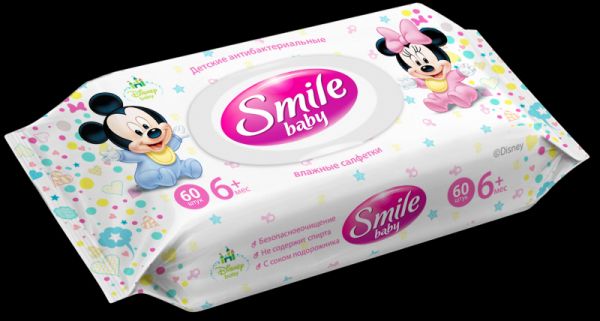 Дитячі вологі серветки Antibacterial з пластиковим клапаном "Міккі і Мінні" 60 шт, Smile, 626773 626773 фото